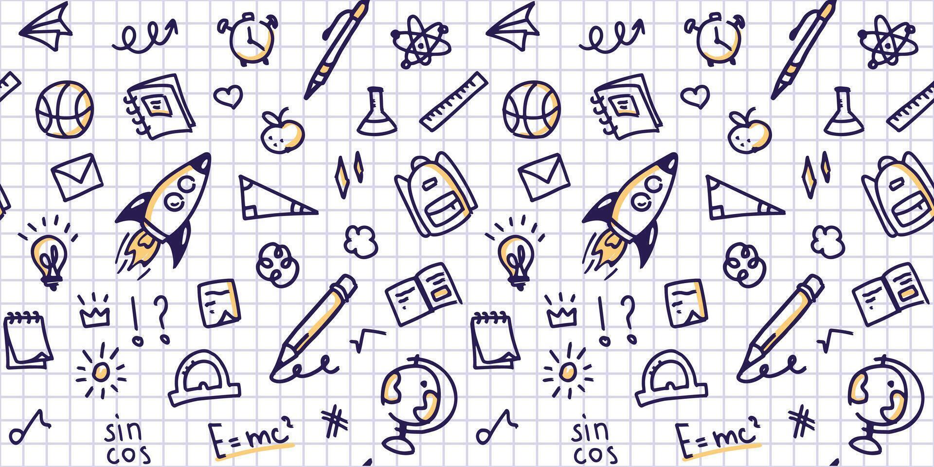 Seamless doodle back to school pattern, background. Hand drawn icons of school supplies and creative elements on checkered background, school notebook. Texture for wallpaper, background, fabric vector