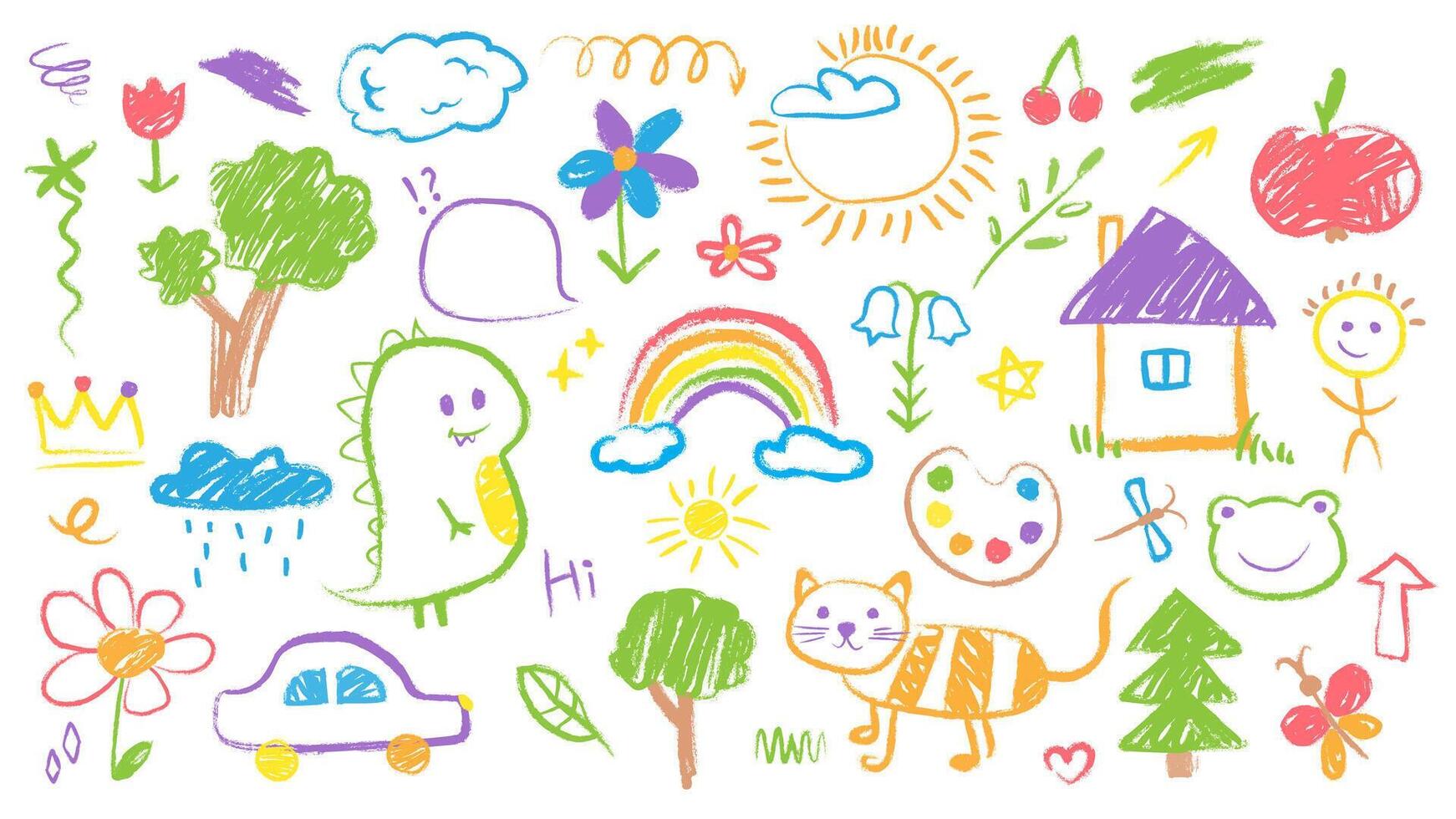 Hand drawn set of colorful children's doodles in crayon style. Animals, trees, rainbow, house, sun, flowers and other cute elements. Collection of kids drawings, sketches with chalk texture. vector
