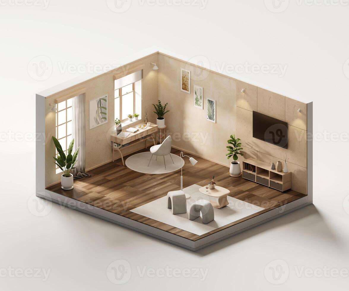 Isometric view living room cozy muji style open inside interior architecture 3d rendering photo