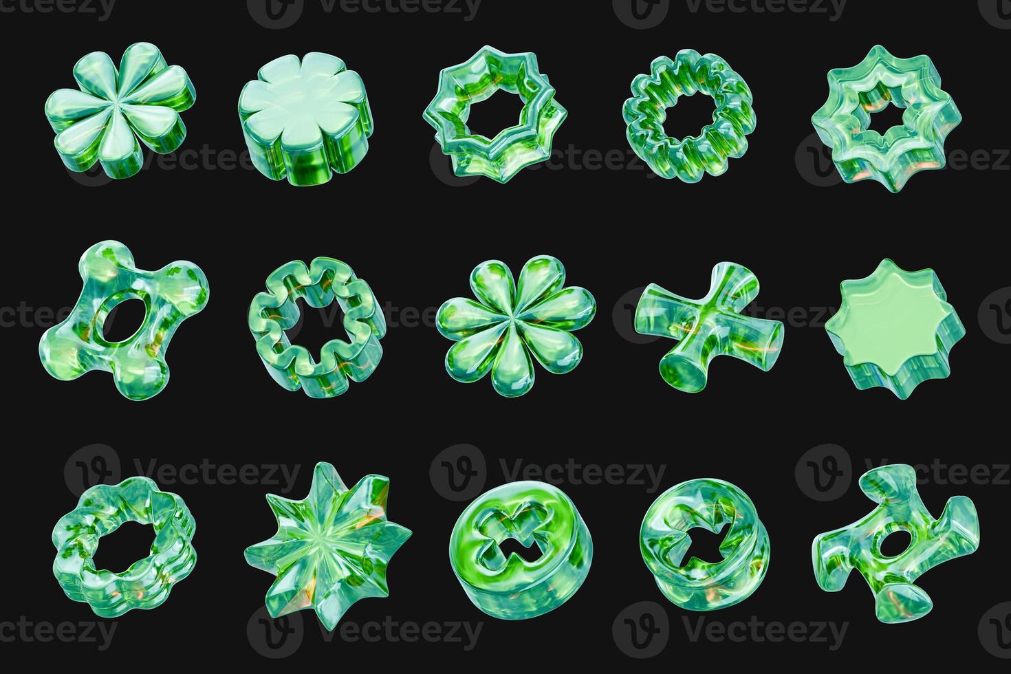 Green crystal collection object set pack isolated background 3d rendering photo