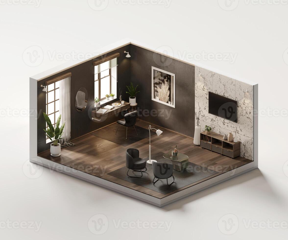 Isometric living room cozy style open inside interior architecture 3d rendering photo