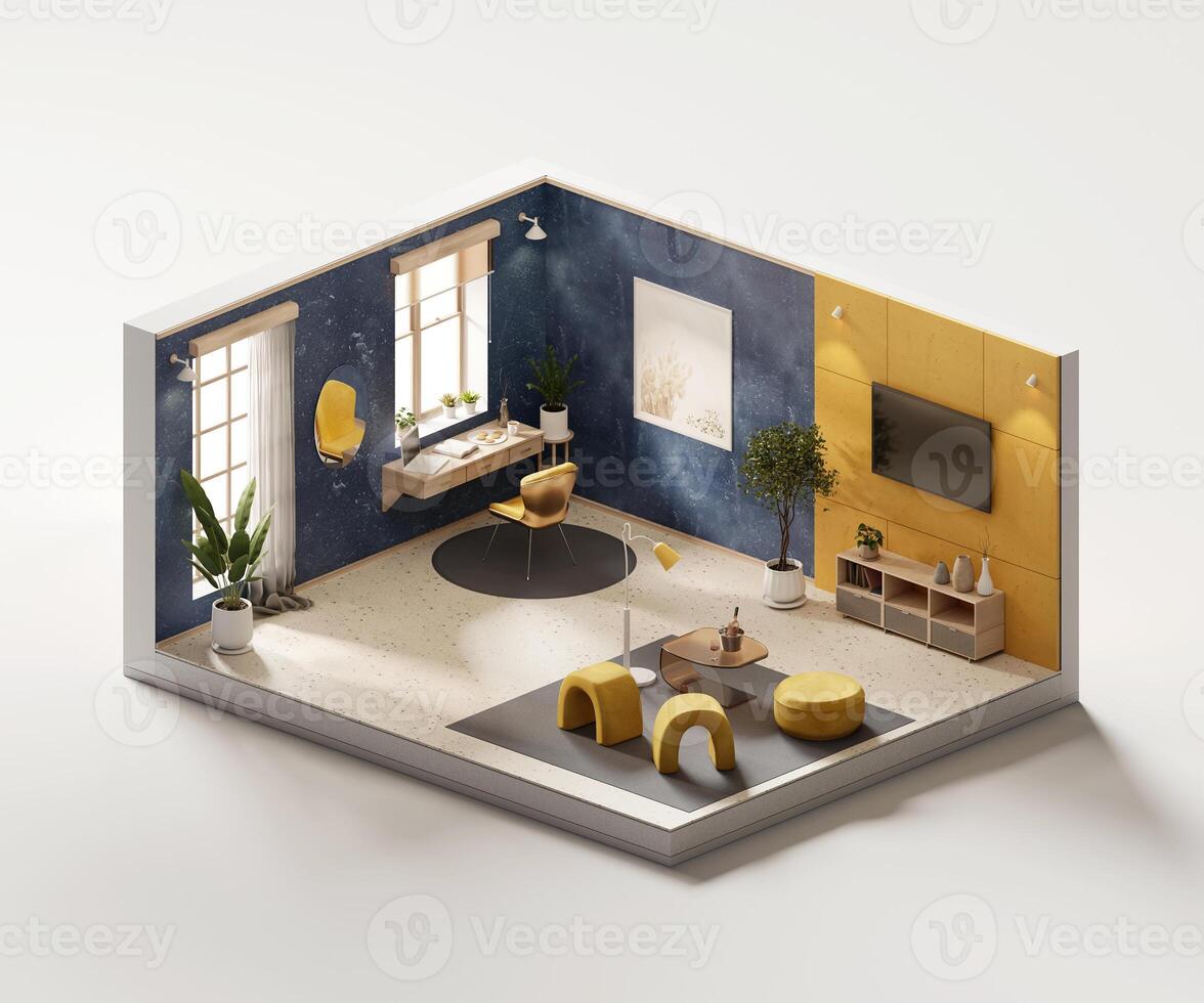 Isometric view living room cozy style inside interior architecture 3d rendering photo