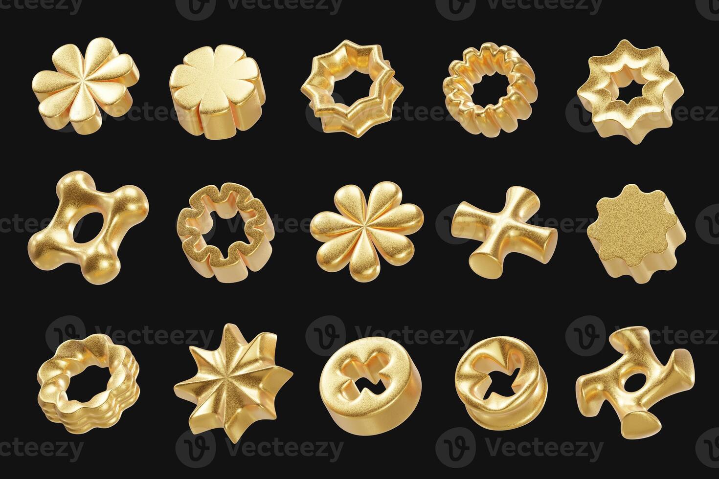 Golden object geometry shape collection set isolated background 3d rendering photo