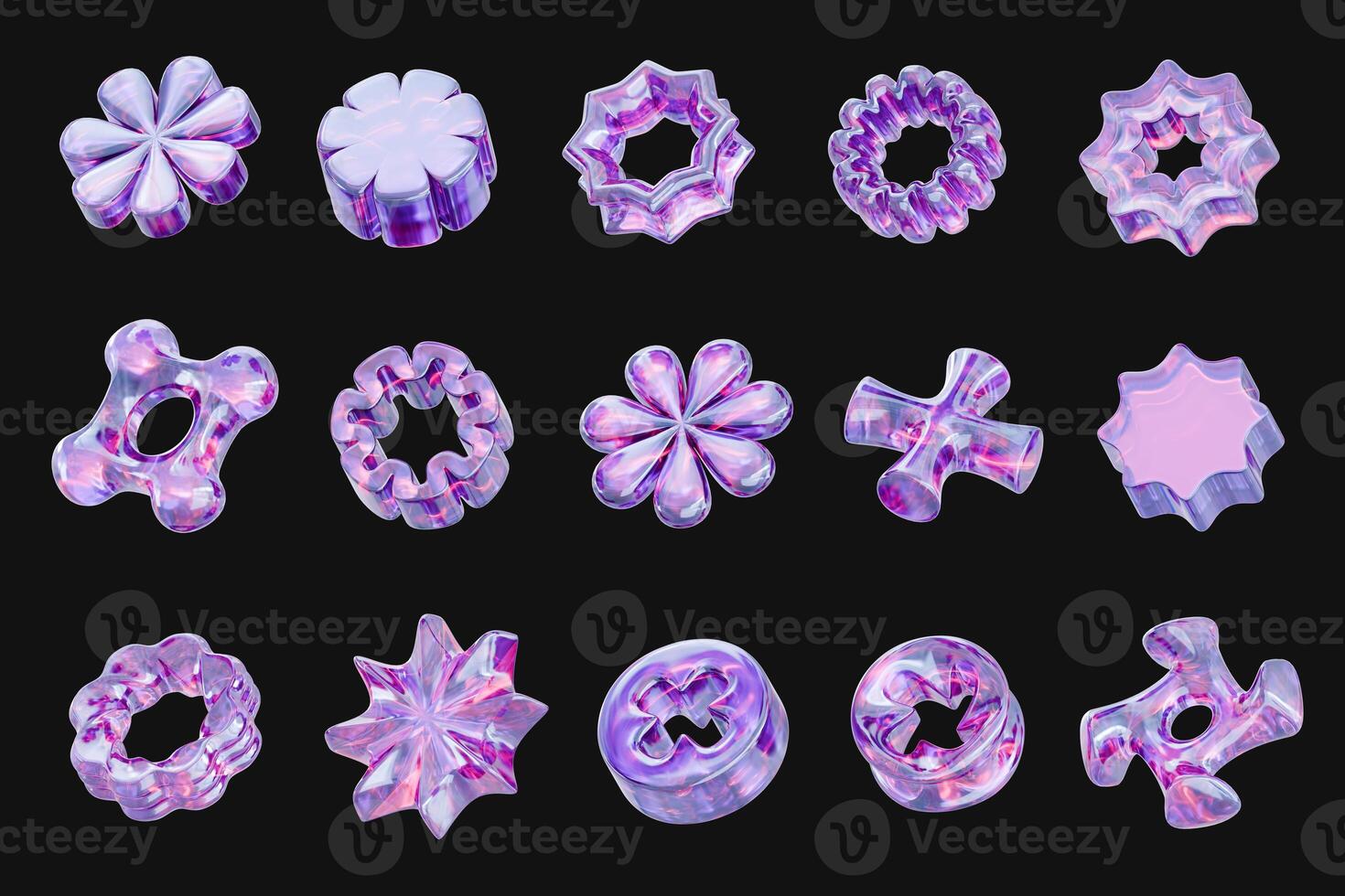 Holographic purple element object set pack isolated background 3d rendering photo