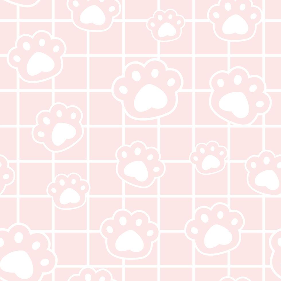 Seamless pattern of cute white cat paw prints on a pastel pink grid. Perfect for kids products, pet designs, textiles, and kawaii-themed backgrounds. vector