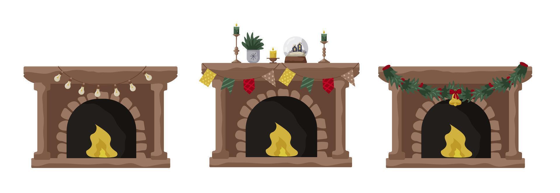 Various festive fireplace decorations enhance a cozy winter atmosphere in a home vector