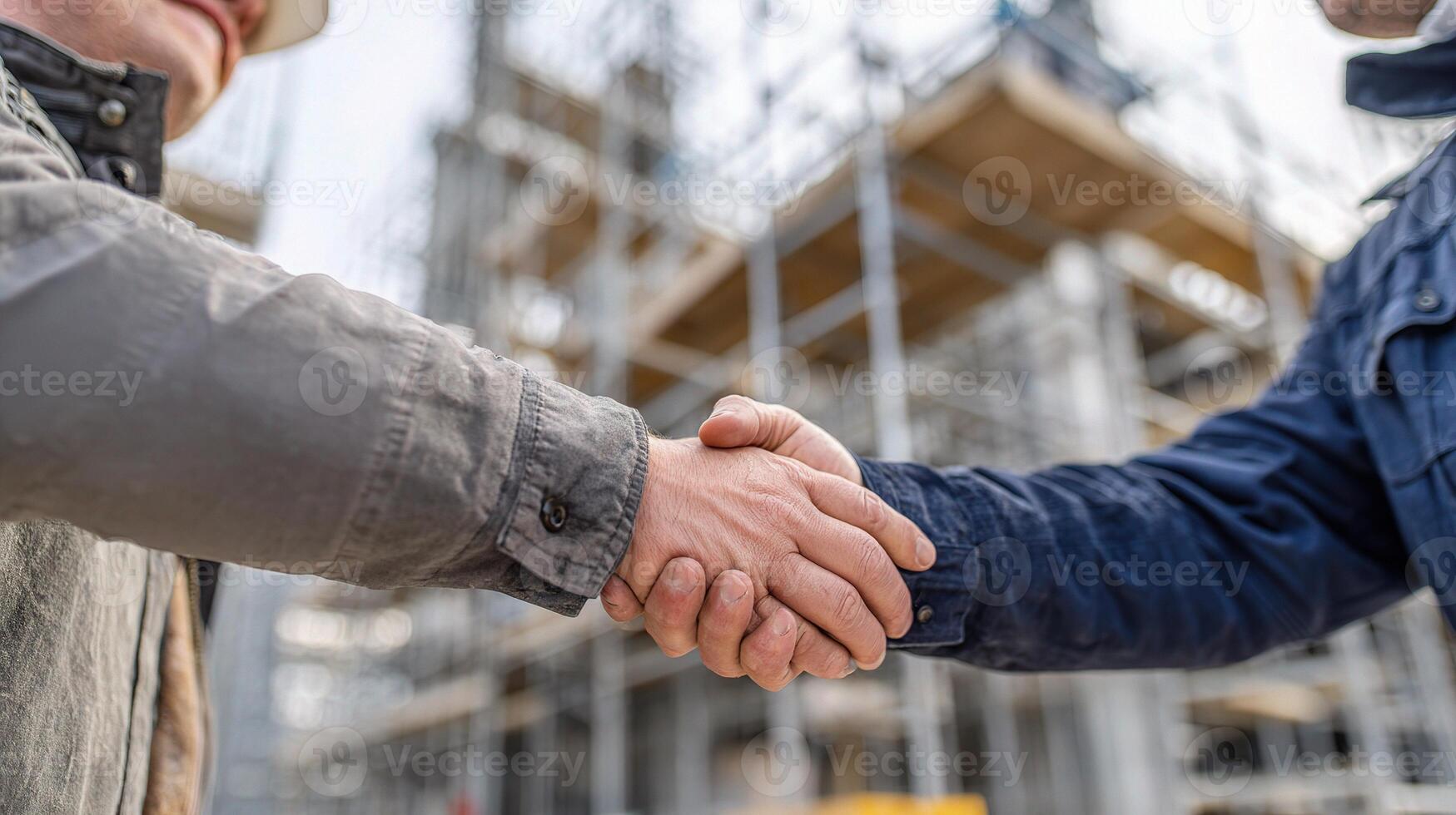 Two construction workers shaking hands in front of a building photo