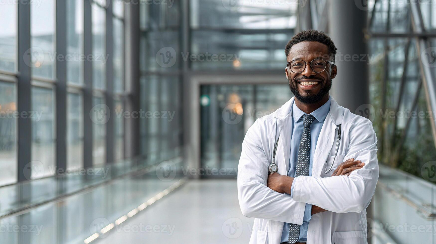 A black man in a lab coat standing in a hallway photo