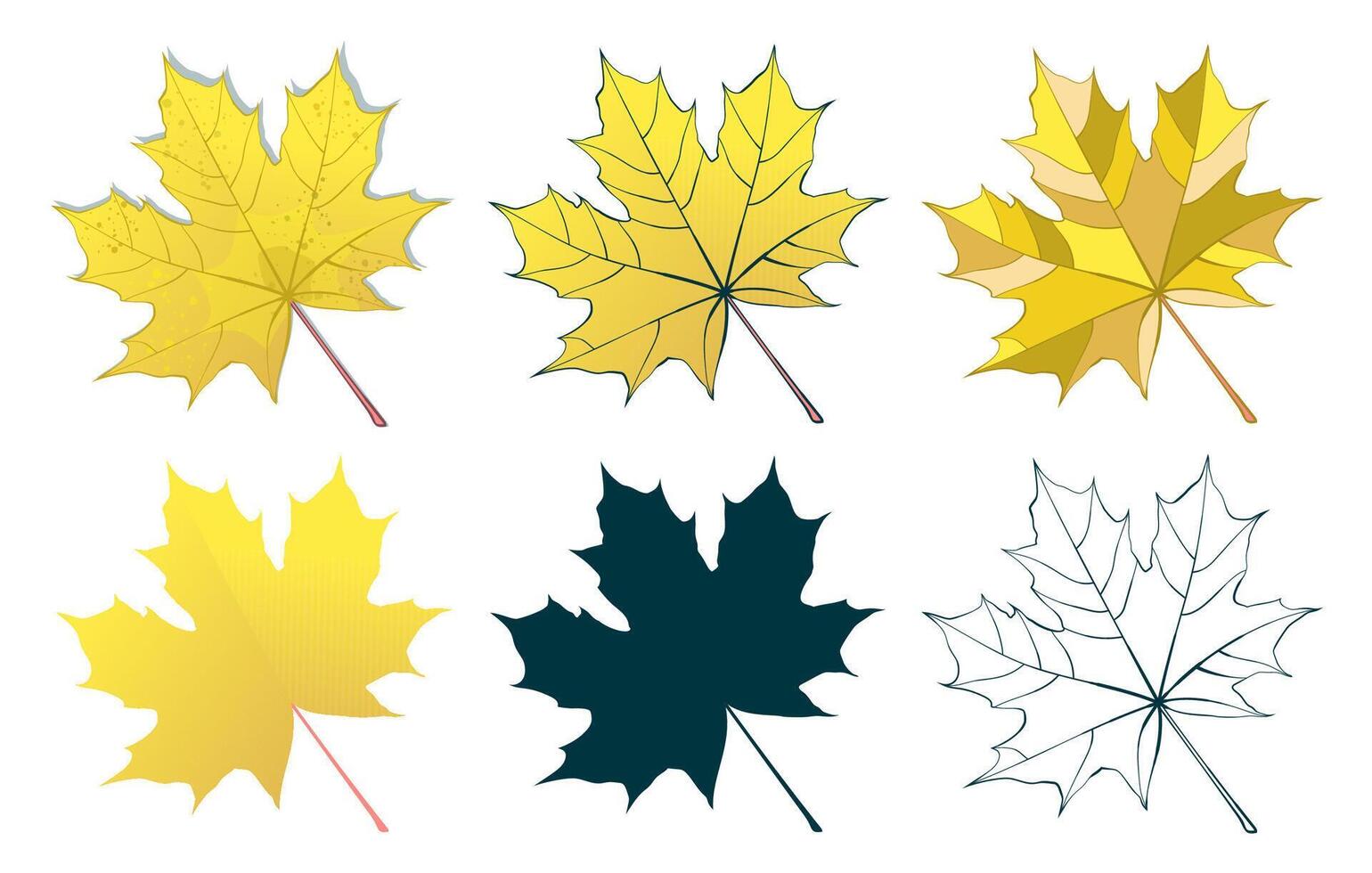 Hand-drawn gold autumn colored maple leaves collection isolated on white background. Flat and line style illustration. vector