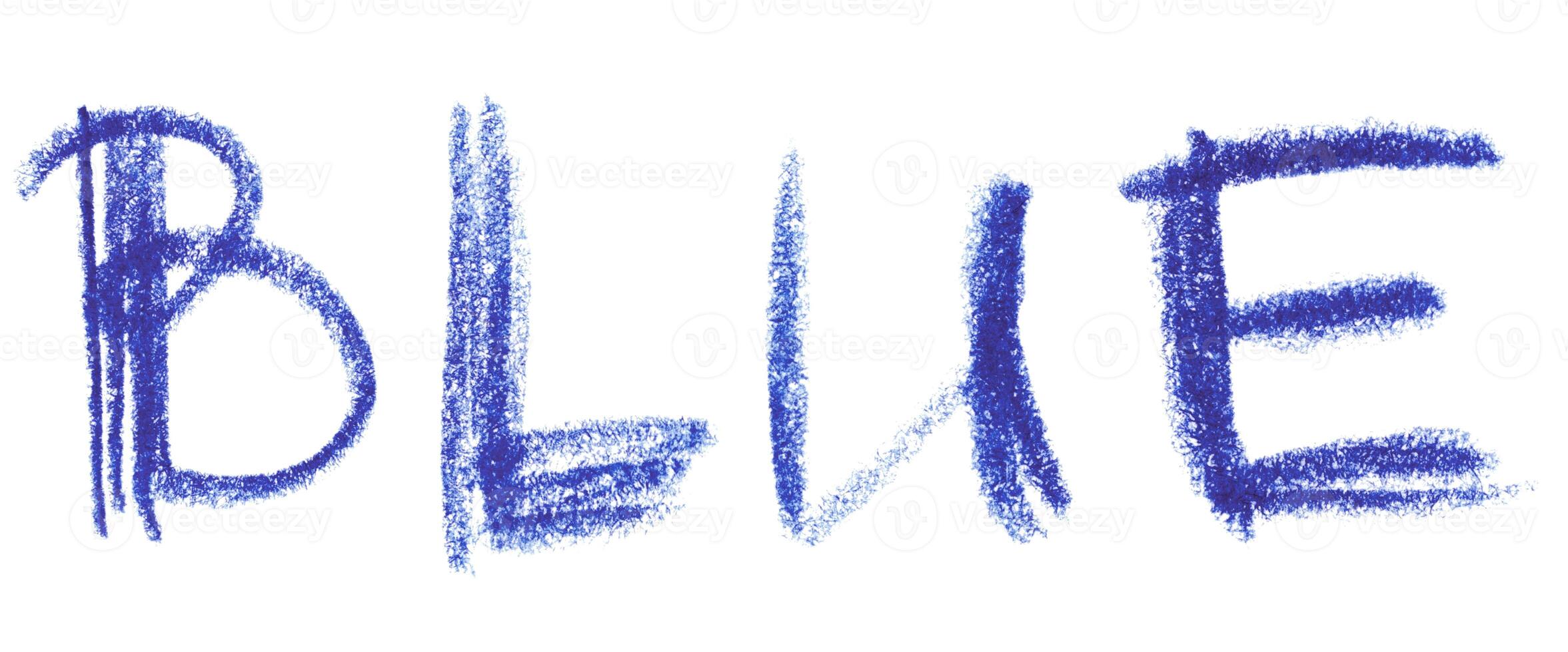 The word BLUE written in blue chalk or pastel on an isolated background, with the texture of the strokes visible photo
