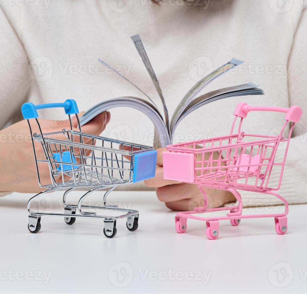 Person's hands holding unfolded stacks of hundred dollar bills in front of two miniature shopping carts standing on white surface. photo