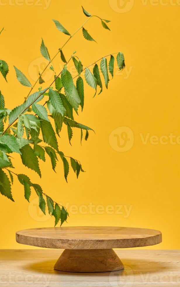 Wooden round stand podium or pedestal on a light wooden table, in the background of which is a branch of a green tree with leaves. photo