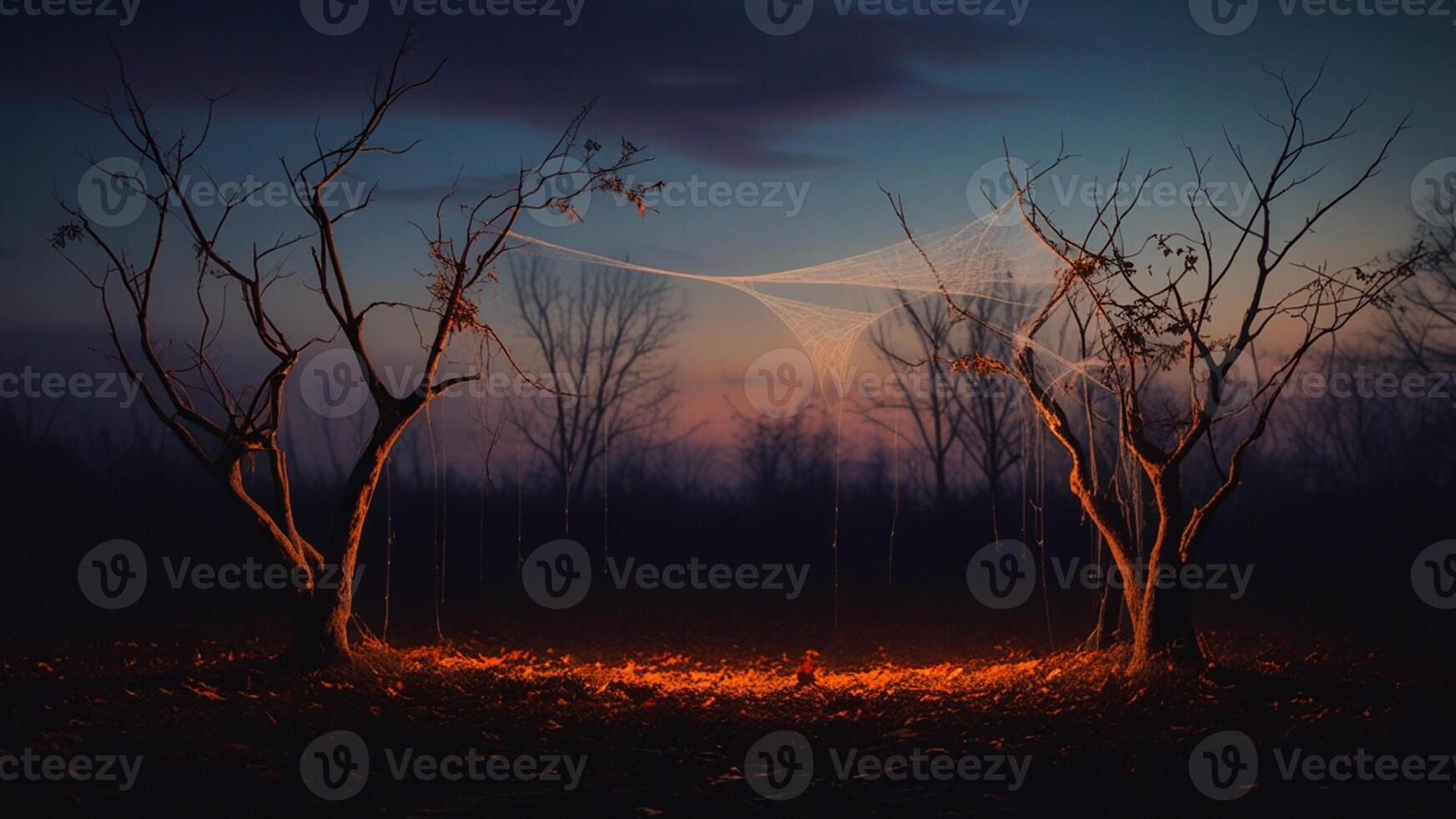 Halloween forest, glowing ground, cobwebby trees and creepy sunset. . photo