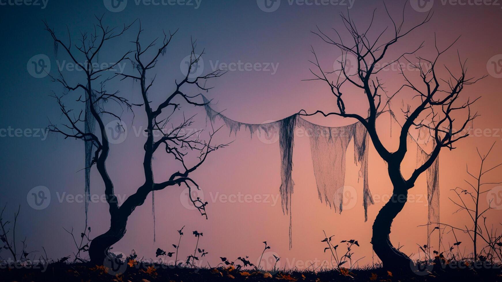 Atmospheric halloween background with silhouettes of trees without leaves and spider web drape against gradient sky at dusk, empty space. . photo