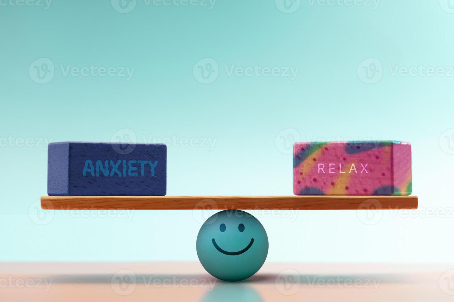 Anxiety and Relax cube balancing on seesaw, centered by Smiling Ball. symbolizing Mental Health and Emotional self regulation through balancing positive and negative emotions photo