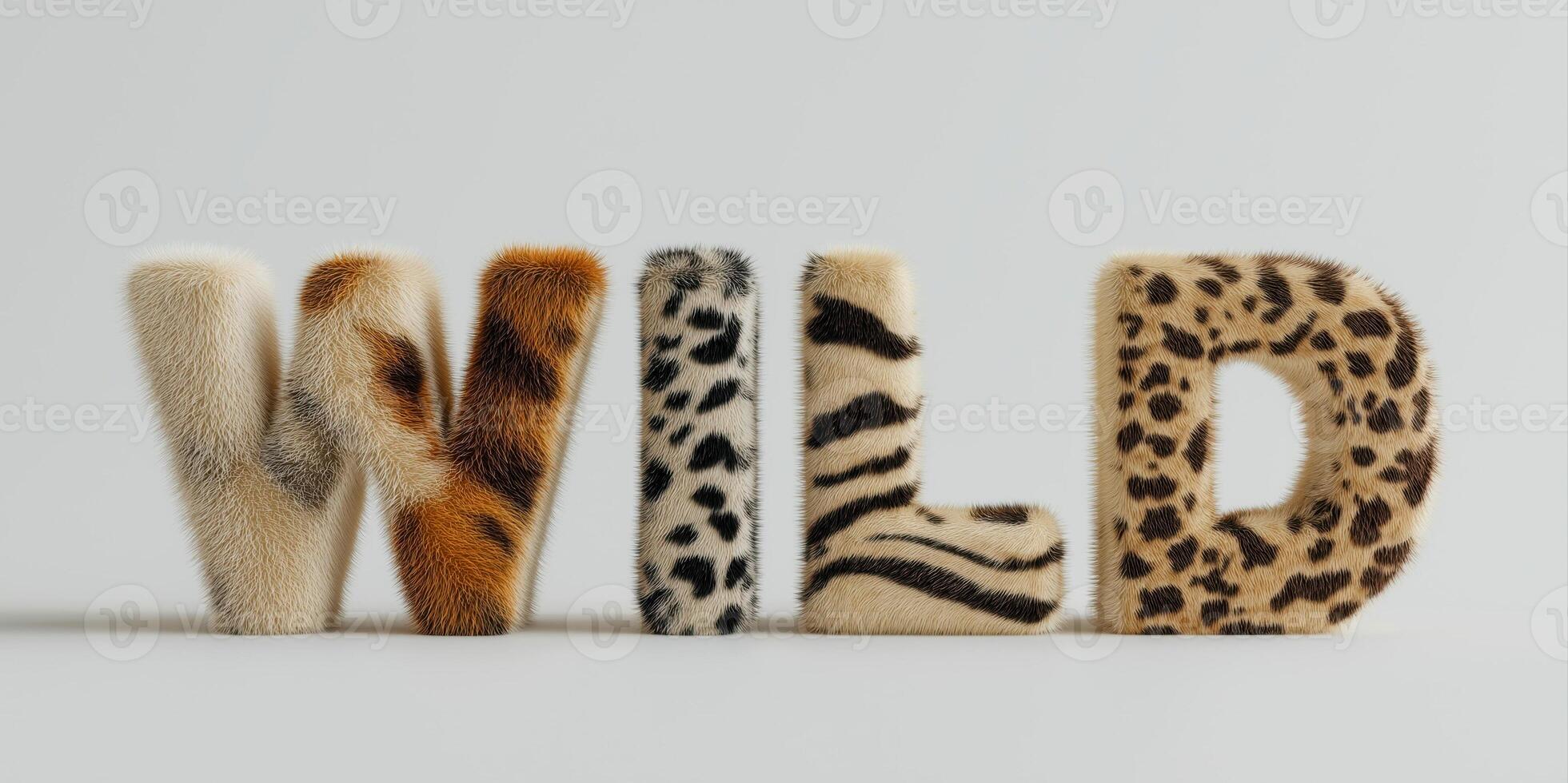 Voluminous WILD text filled with textures of natural animal fur leopard, zebra, pure snow-white background photo