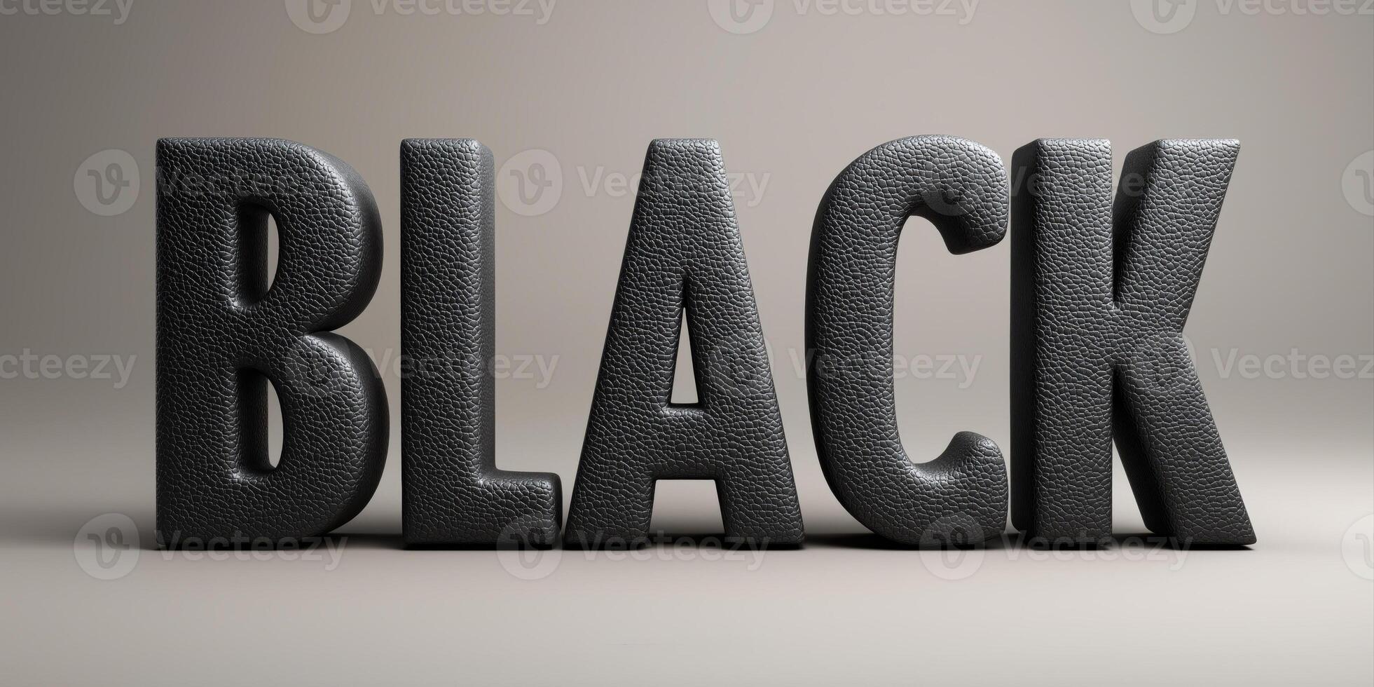 Bold 3D letters spelling BLACK , made of matte leather and graphite textures, deep shadows, isolated on smooth light gray background, photo