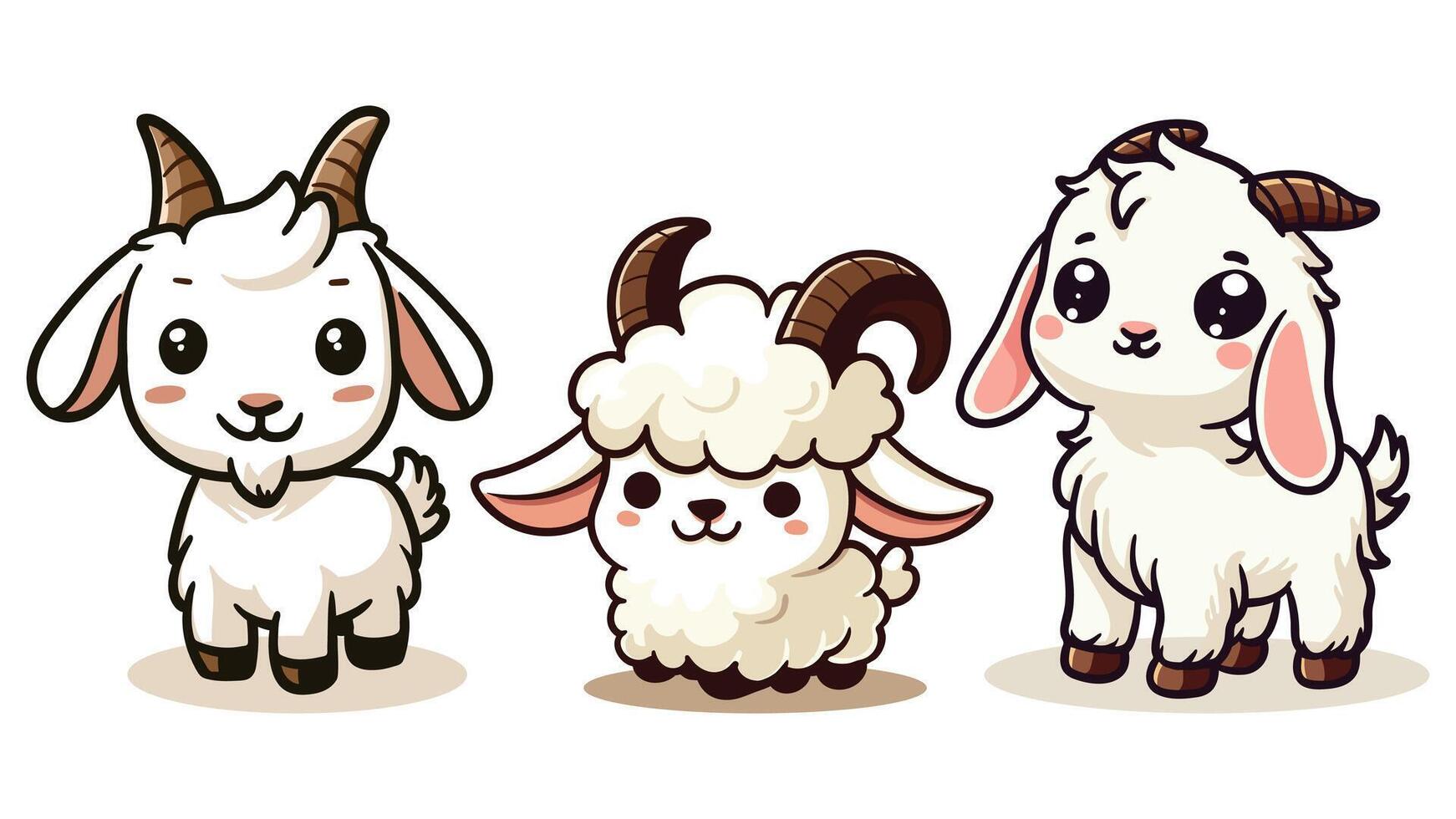 set of cute kawaii cartoon sheep, big eyes and happy faces, perfect for kids designs, books, and animal themed content, Islamic Eid al-Adha poster social media. vector