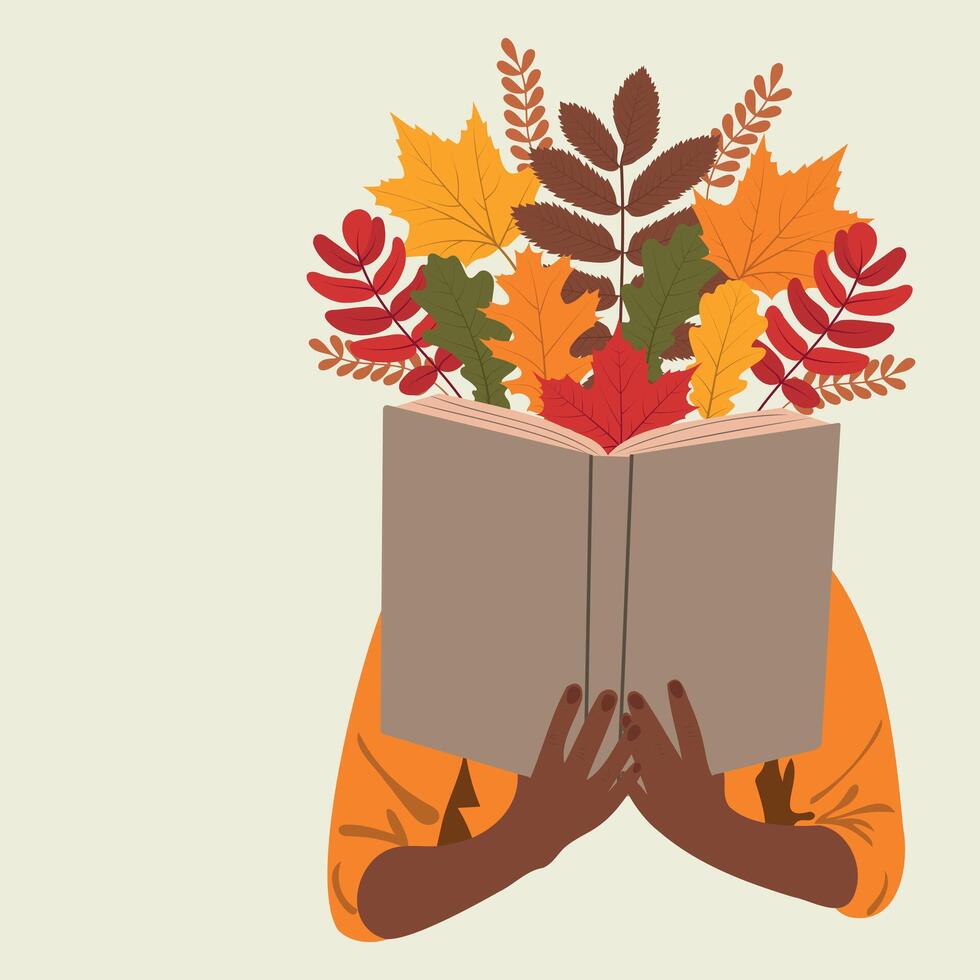 Person reading a book with autumn leaves vector