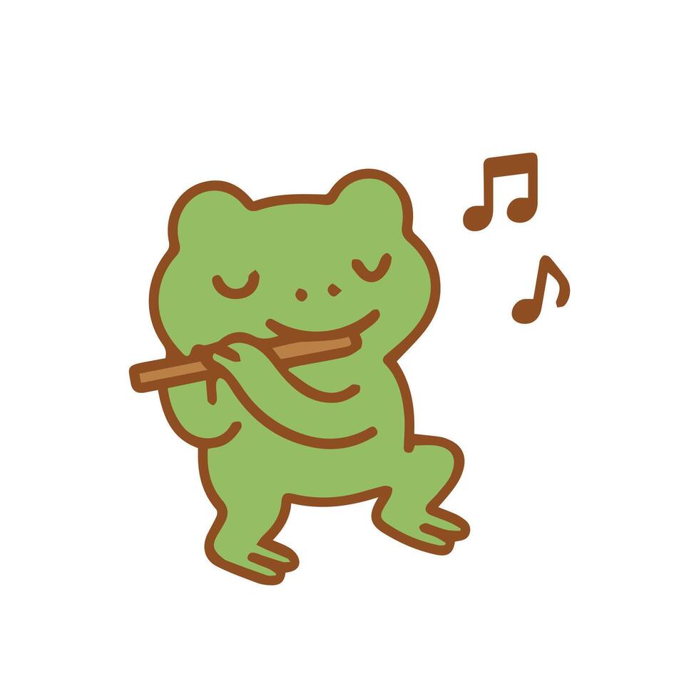 A happy green frog playing a flute with musical notes vector