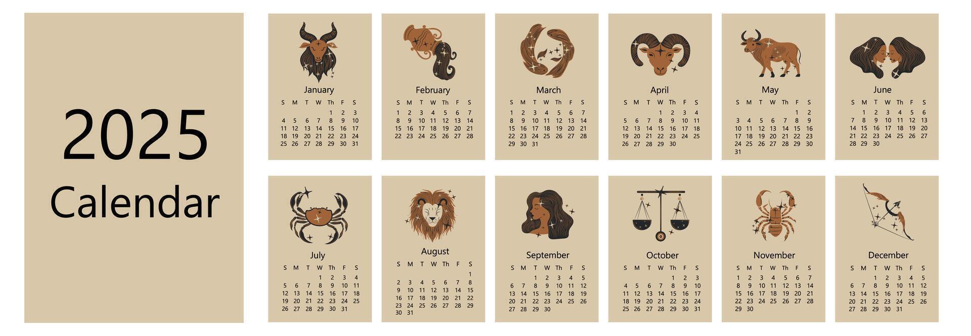 2025 zodiac calendar design vector
