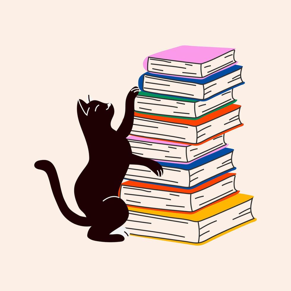 A curious cat climbing a tall stack of books, playful and energetic with a cozy, homey atmosphere vector
