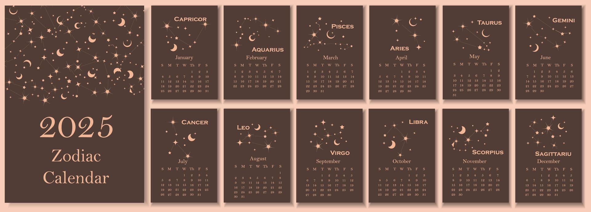 2026 calendar set with 12 monthly pages featuring zodiac constellation designs for each astrological sign in a celestial and mystical style vector