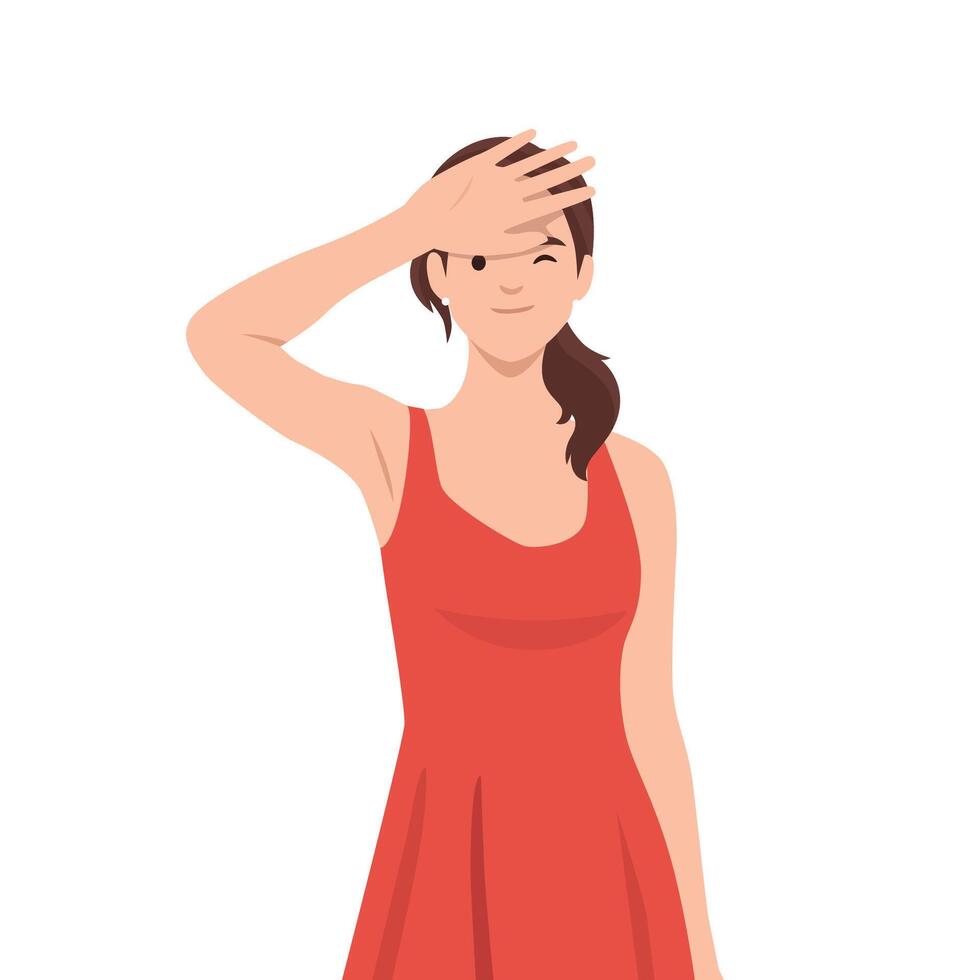 Woman in red dress playfully winking vector