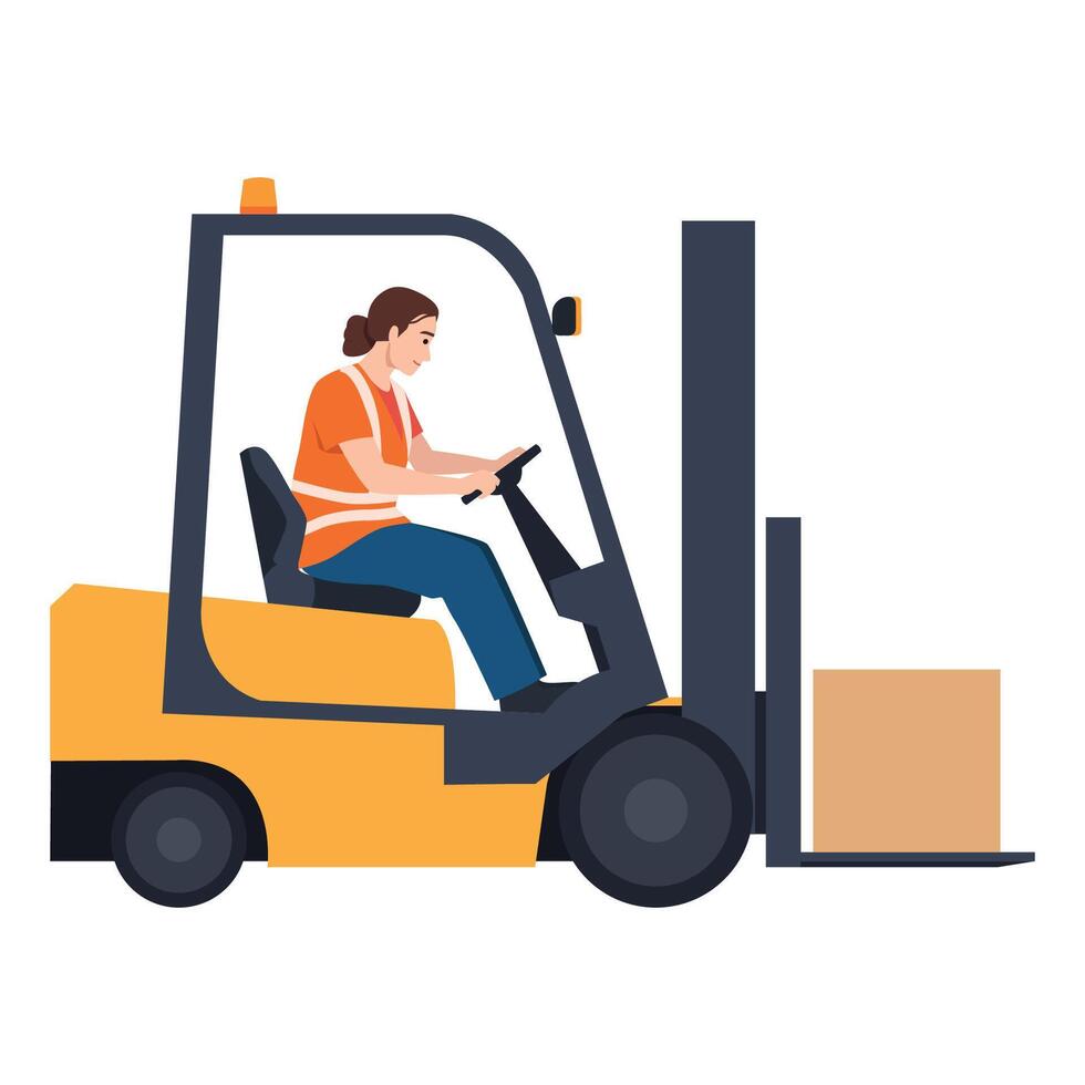 Woman driving a forklift with a box vector
