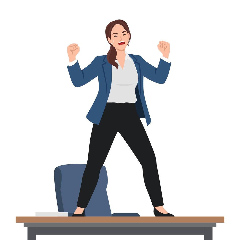Angry Woman Standing on a Desk. vector