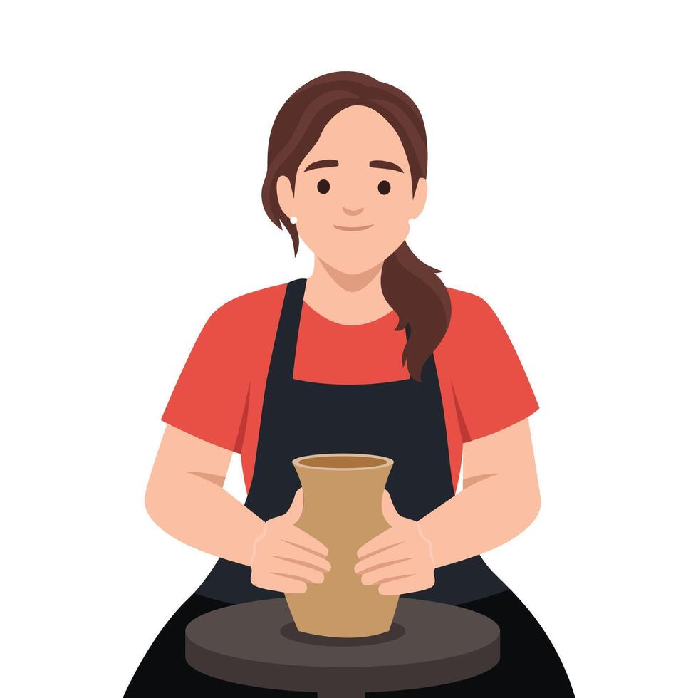 Woman Crafting Clay Pot on Pottery Wheel. vector
