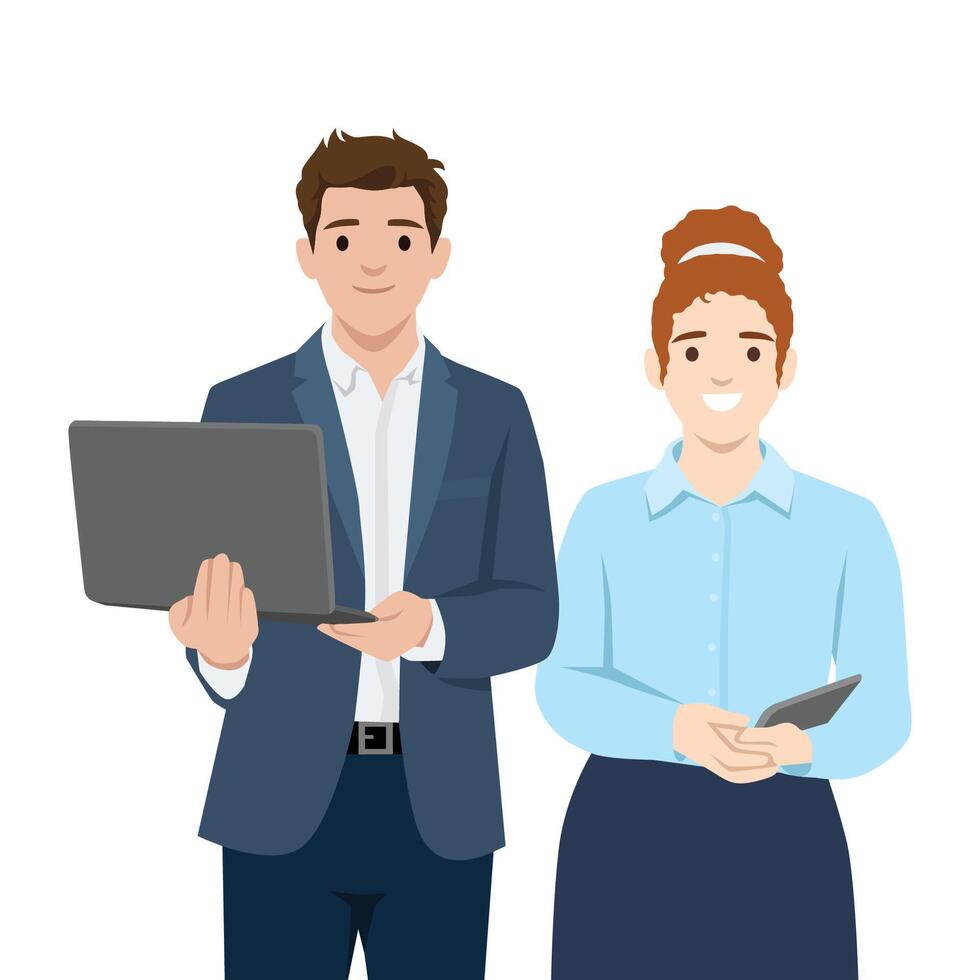 Business team with laptop and phone vector