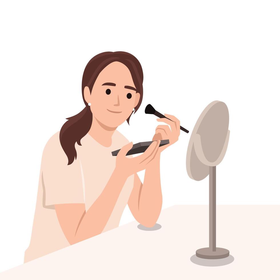 Woman Applying Makeup at Vanity Table. vector