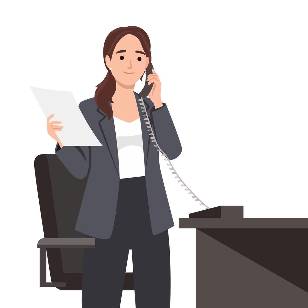 Businesswoman standing at her desk, holding a phone and a document. vector