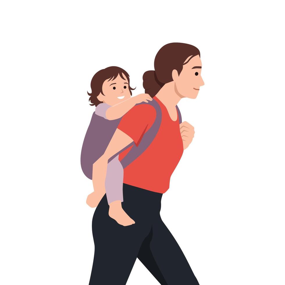 Mother Carrying Smiling Child on Her Back. vector
