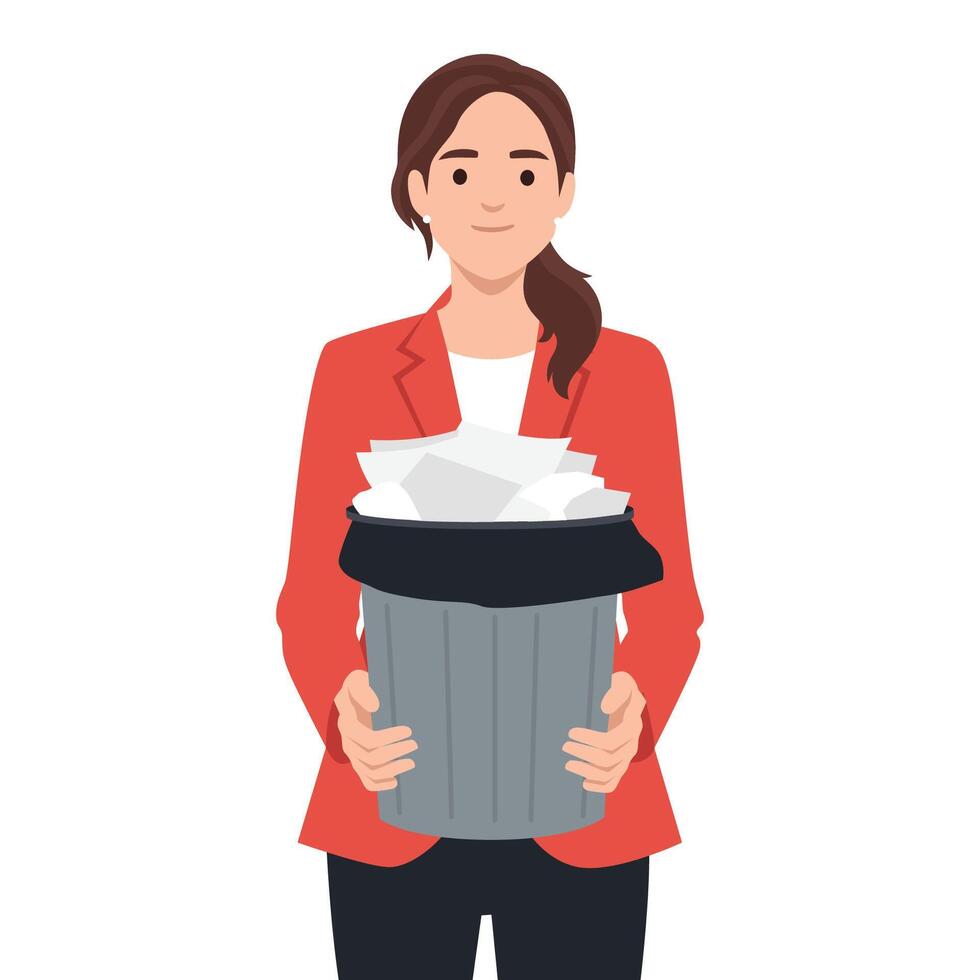 Woman Holding a Trash Can Filled with Paper. vector