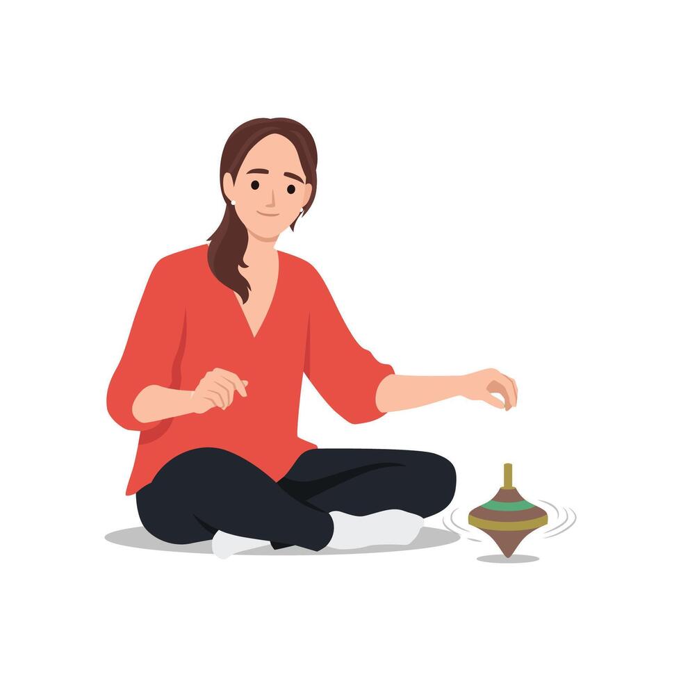 Woman Spinning a Toy Top. vector