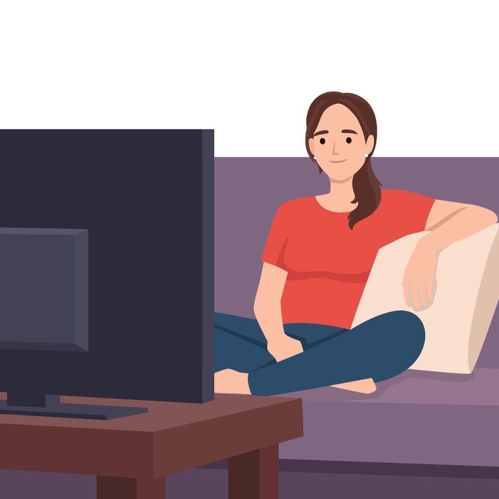 relaxing woman watching tv at home vector