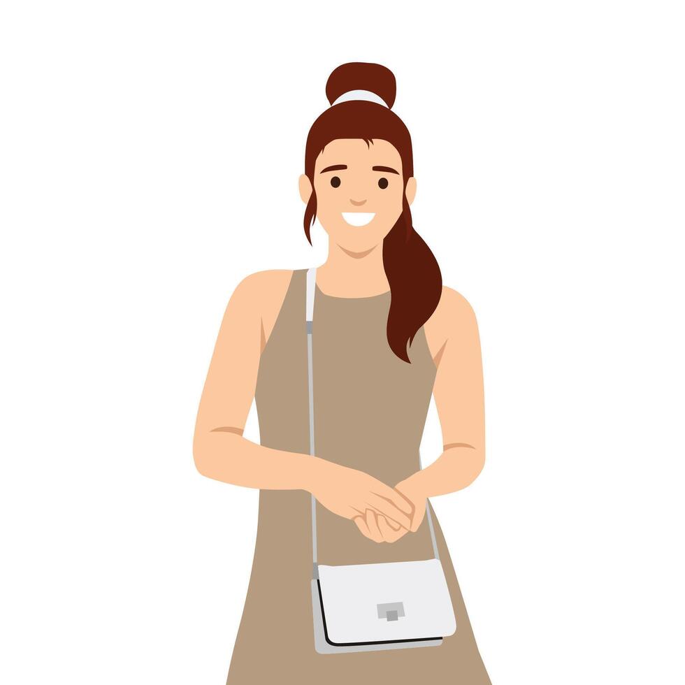 Woman in a sleeveless beige dress and white shoulder bag exudes effortless charm. vector