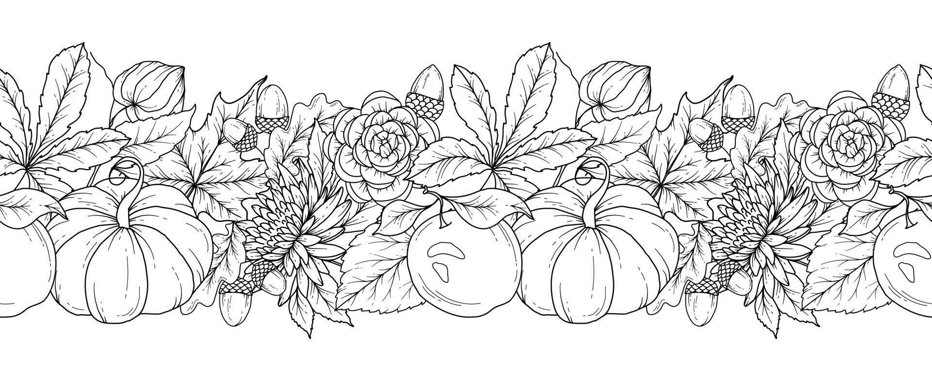 Seamless Fall Garland with Leaves, Pumpkins, Acorns and Flowers. Seamless Horizontal Fall Background. Autumn Line Art Drawing. Fall Flower Design. Fall Botanical garland seamless. Border Frame vector
