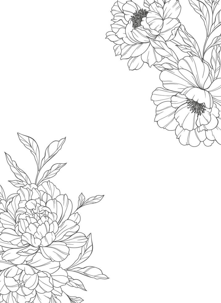 Peony Corner Line Art. Trendy floral peony bouquets and flowers. Botanical Line Drawing Peony Collection. Hand drawn line art peony flowers. Luxury Line Floral Art. Peony Outline vector