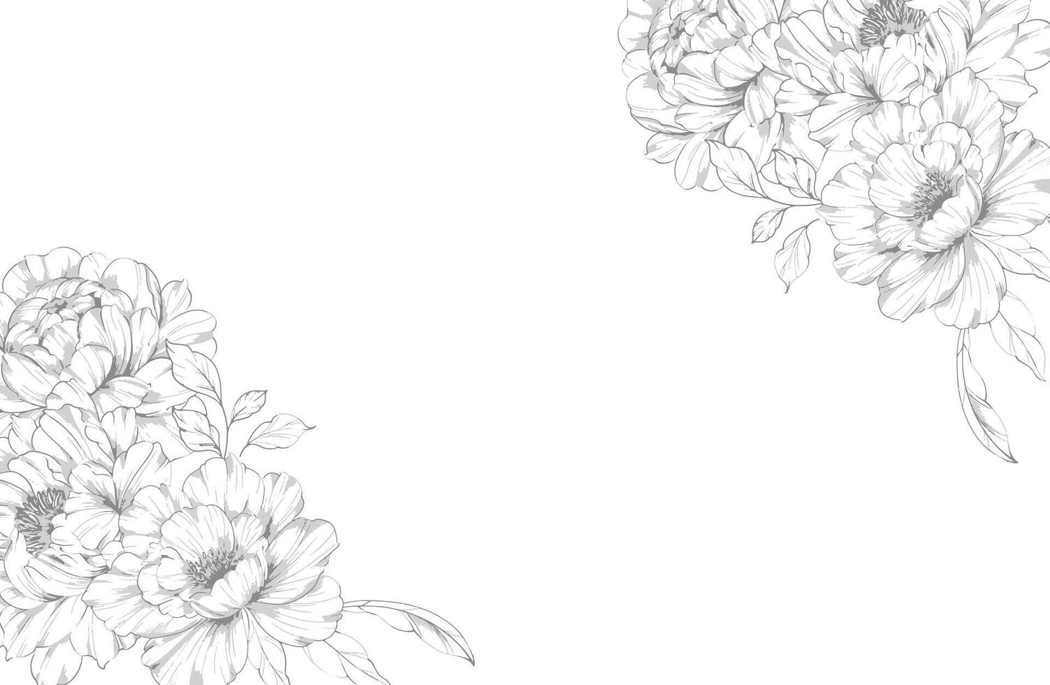 Peony Corners Line Drawing. Trendy floral peony bouquets sketch. Botanical Line Art Peony Collection. Hand drawn line art peony flowers. Black and white peony vector