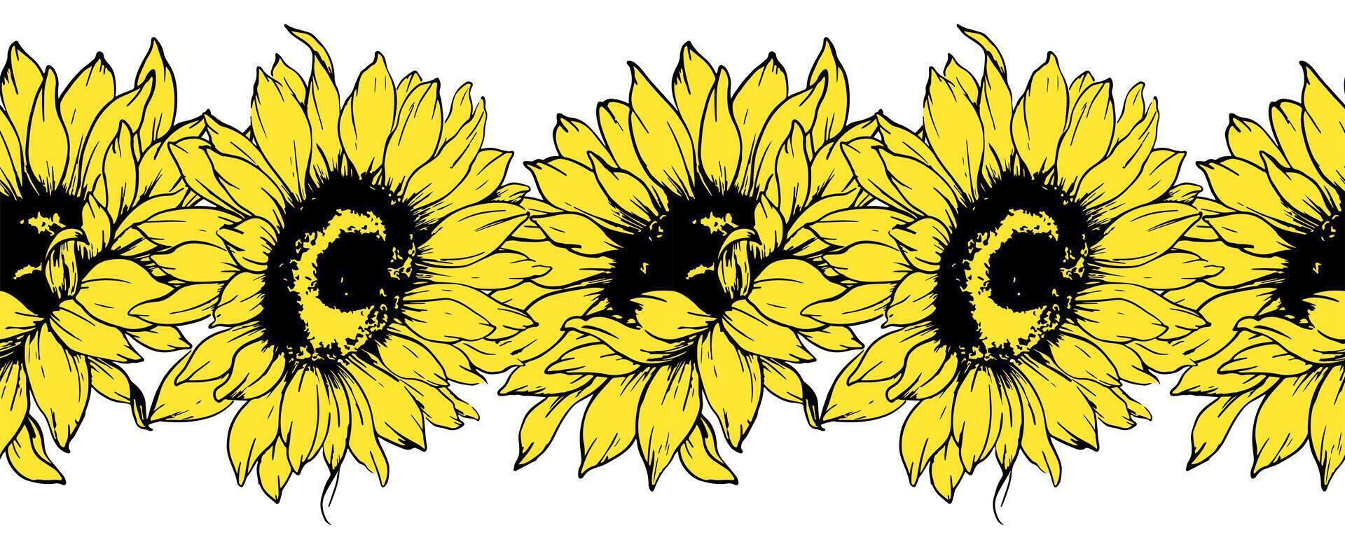 Seamless Sunflower Garland. Seamless Horizontal Sunflower Background. Sunflower Line Art Drawing. Seamless Flower Design. Botanical garland seamless. Border Frame vector