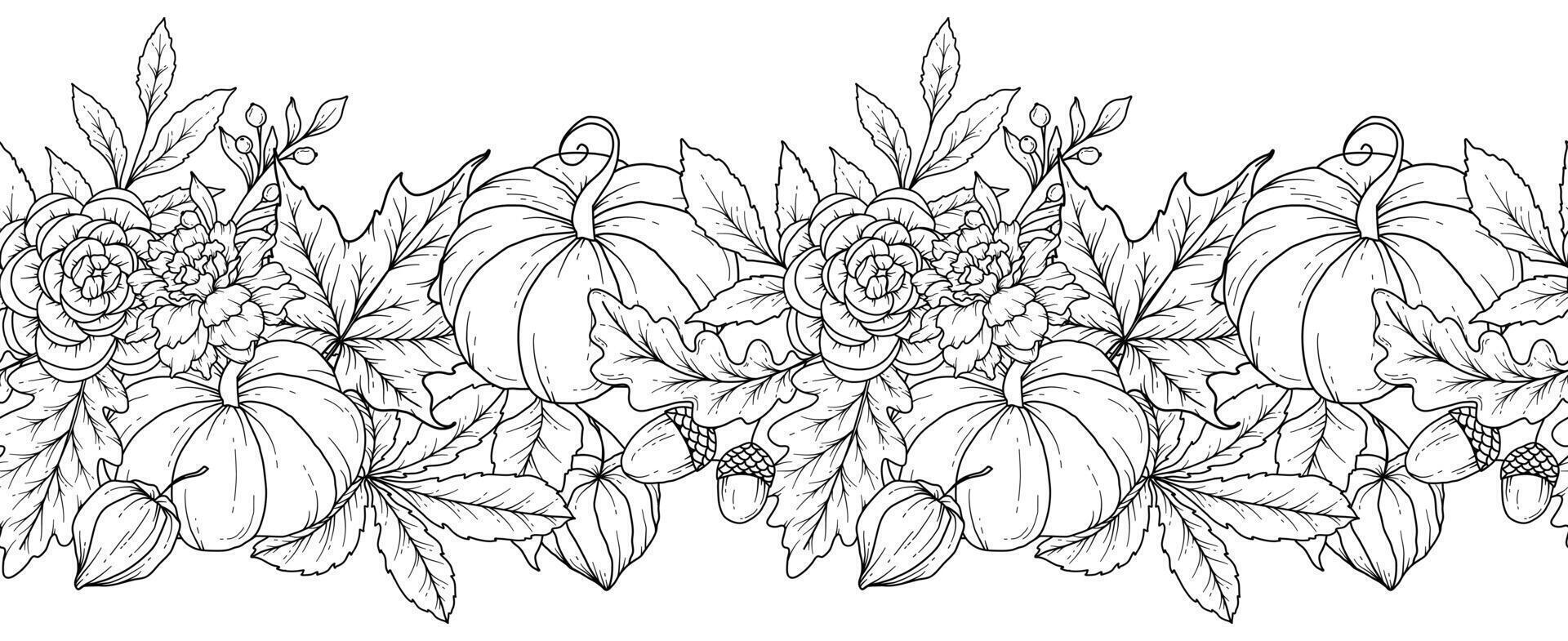 Seamless Fall Border with Leaves, Pumpkins, Acorns and Flowers. Seamless Horizontal Fall Background. Autumn Line Art. Fall Flower Design. Fall Botanical garland seamless. Border Frame vector