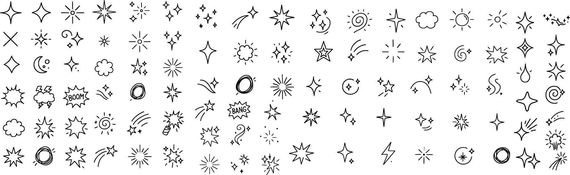 Glowing Star and Shine Stroke Icon Pack. Containing Doodle Light Effects, Radiance, Twinkle Marks, and Comic Highlights. vector