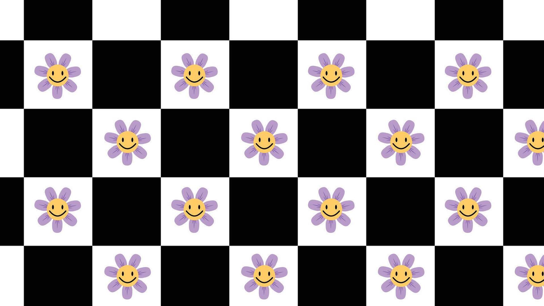 Vintage chessboard with happy flowers, bold black white squares, cute daisy faces, trendy seamless wallpaper vector