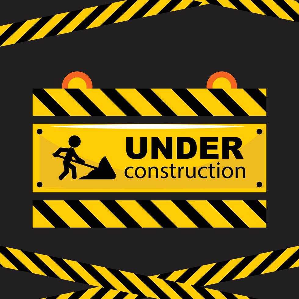 Website maintenance page with caution stripes, worker icon, and warning lights vector