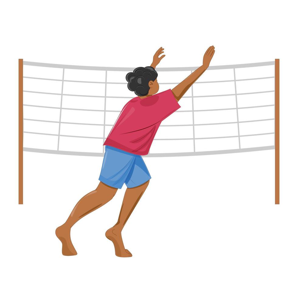 Beach volleyball player in action, black man hitting the ball over the net, summer sport, flat character vector