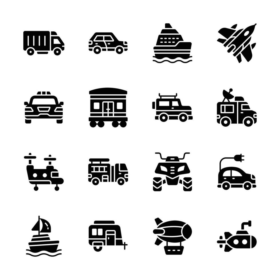 Handy Bundle of Vehicles Glyph Style Icons vector