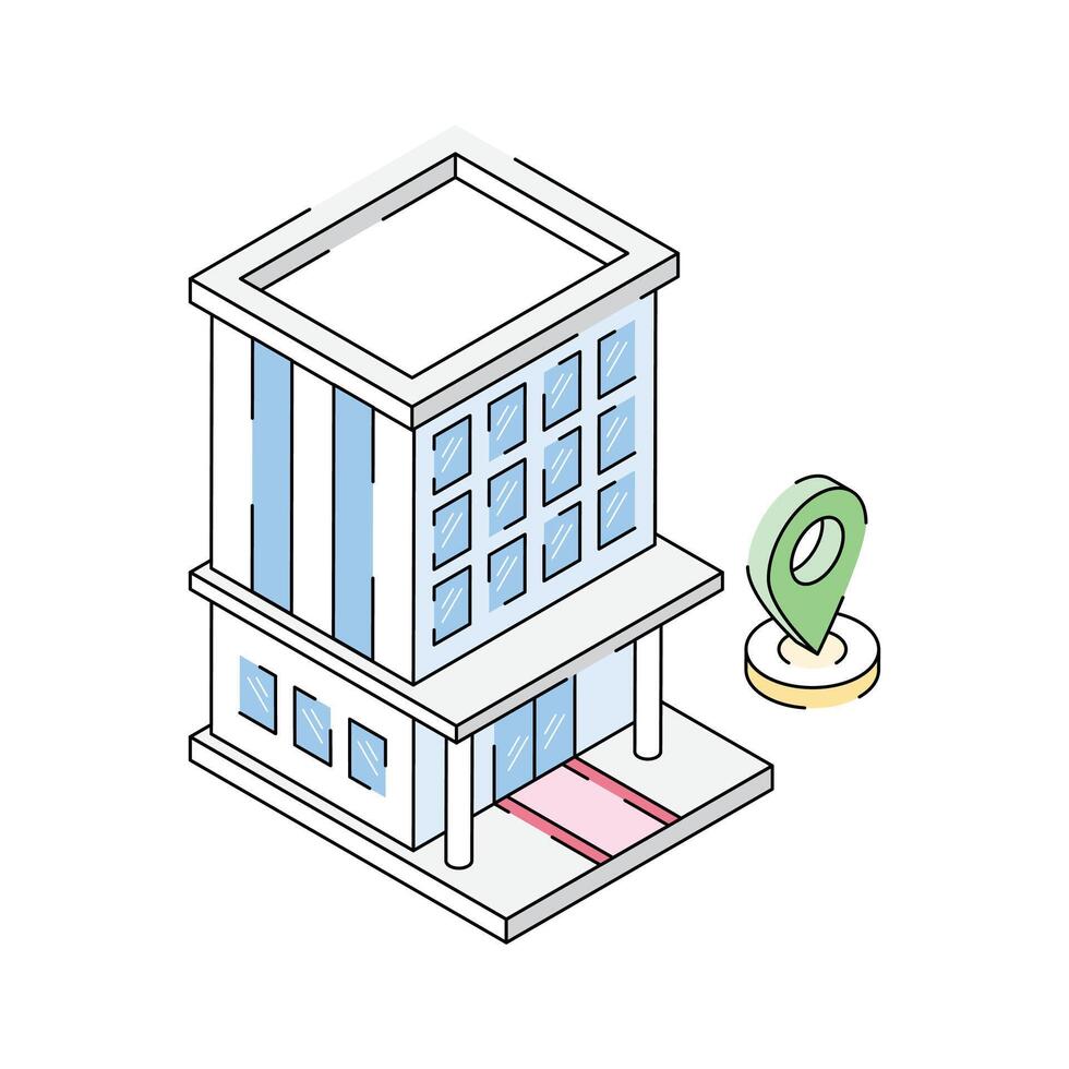 A premium isometric icon showing hotel location pin vector